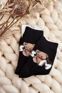 Chaussettes Step in style pour femmes, chaussettes chaudes en coton, élasthanne, polyamide, motif ours en peluche, style décontracté, couleur noire, confortable, ajustée, élastique, idéales pour le quotidien