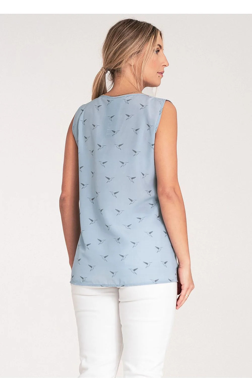 Chemisier sans manches féminin en polyester chemisier Figl style chic décontracté couleur bleu clair motif oiseaux taille S M L XL
