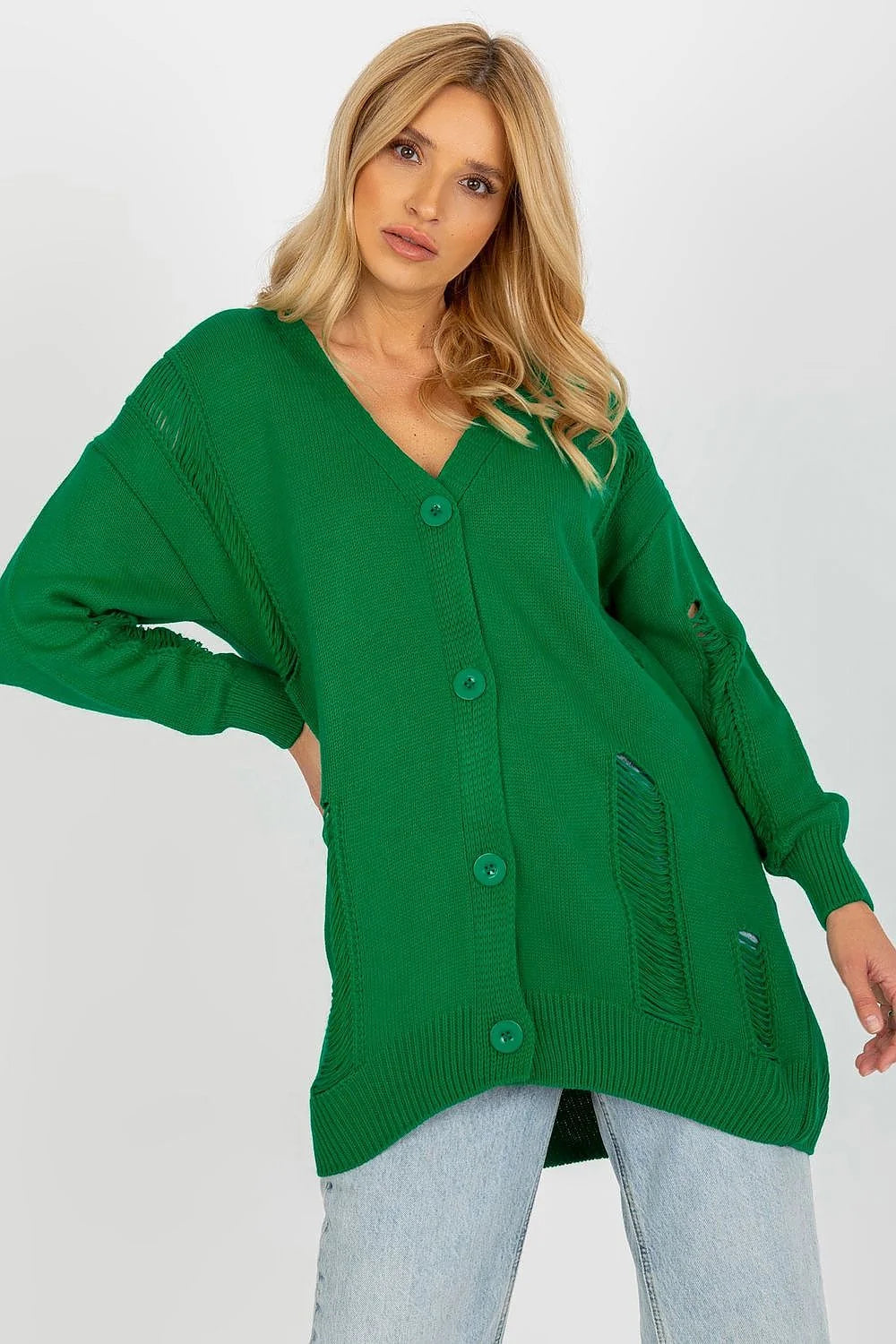 Cardigan pour femme modern design casual couleur fuchsia V-neck maille laine acrylique longueur généreuse boutons assortis poches effilées