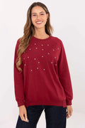 sweatshirt bordeaux femme molleton doux coupe droite encolure ronde manches longues bordcôtes poignets ourlet broderie inscriptions étoiles métallisées