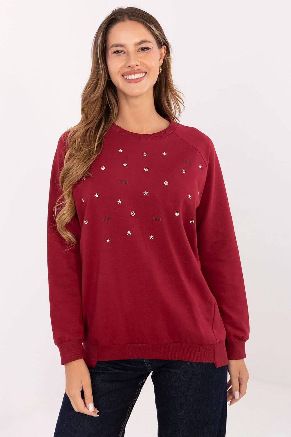 sweatshirt bordeaux femme molleton doux coupe droite encolure ronde manches longues bordcôtes poignets ourlet broderie inscriptions étoiles métallisées