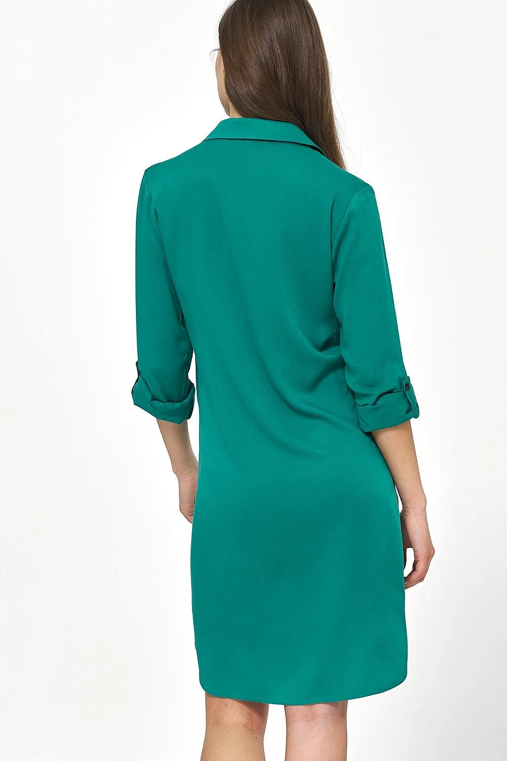 Robe de jour en viscose 100% style chemisier manches 3/4 silhouette épurée couleur vert émeraude pour femme occasion semi-formelle