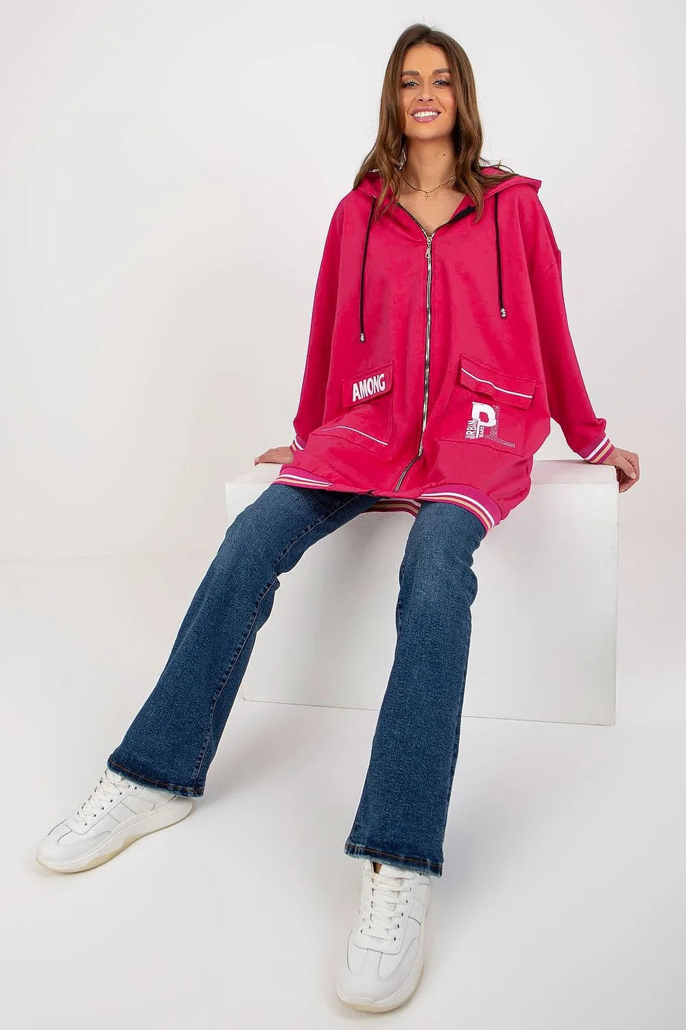 Sweatshirt Relevance pour femme, oversized, design urbain moderne, manches longues, fermeture éclair intégrale, poches grandes, coton élasthanne, tailles S/M-L/XL