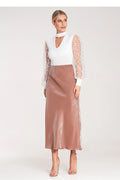 Robe élégante semi-formelle blanc marron clair col montant V-neck manches transparentes en tulle tissu satiné taille élastique longueur midi femme