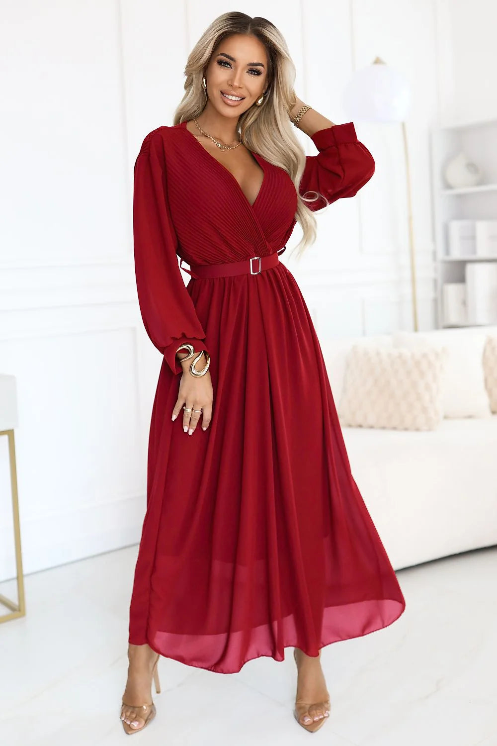 robe maxi longue soirée femme bordeaux fluide chiffon manches bouffantes corsage plissé décolleté coeur taille marquée ceinture boucle