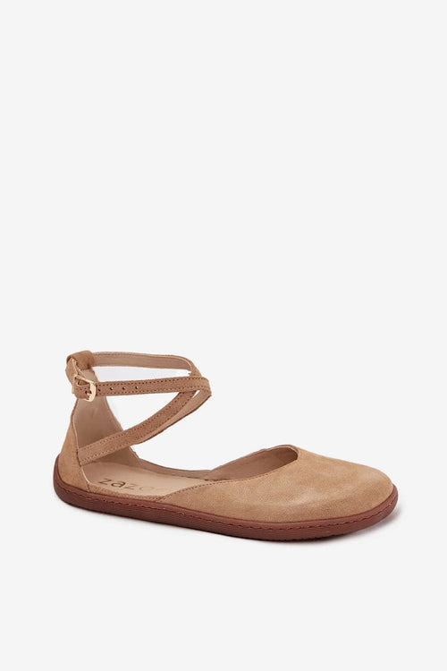 ballerines femmes plates suède beige bride cheville croisée boucle réglable semelle souple caoutchouc confortable barefoot naturel estival élégant décontracté