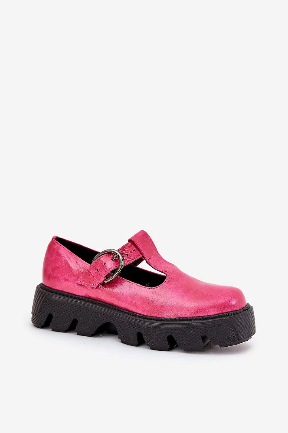 Chaussures basses style rétro contemporain Mary Jane synthétique brillant rose vif semelle plateforme boucle métallique femmes