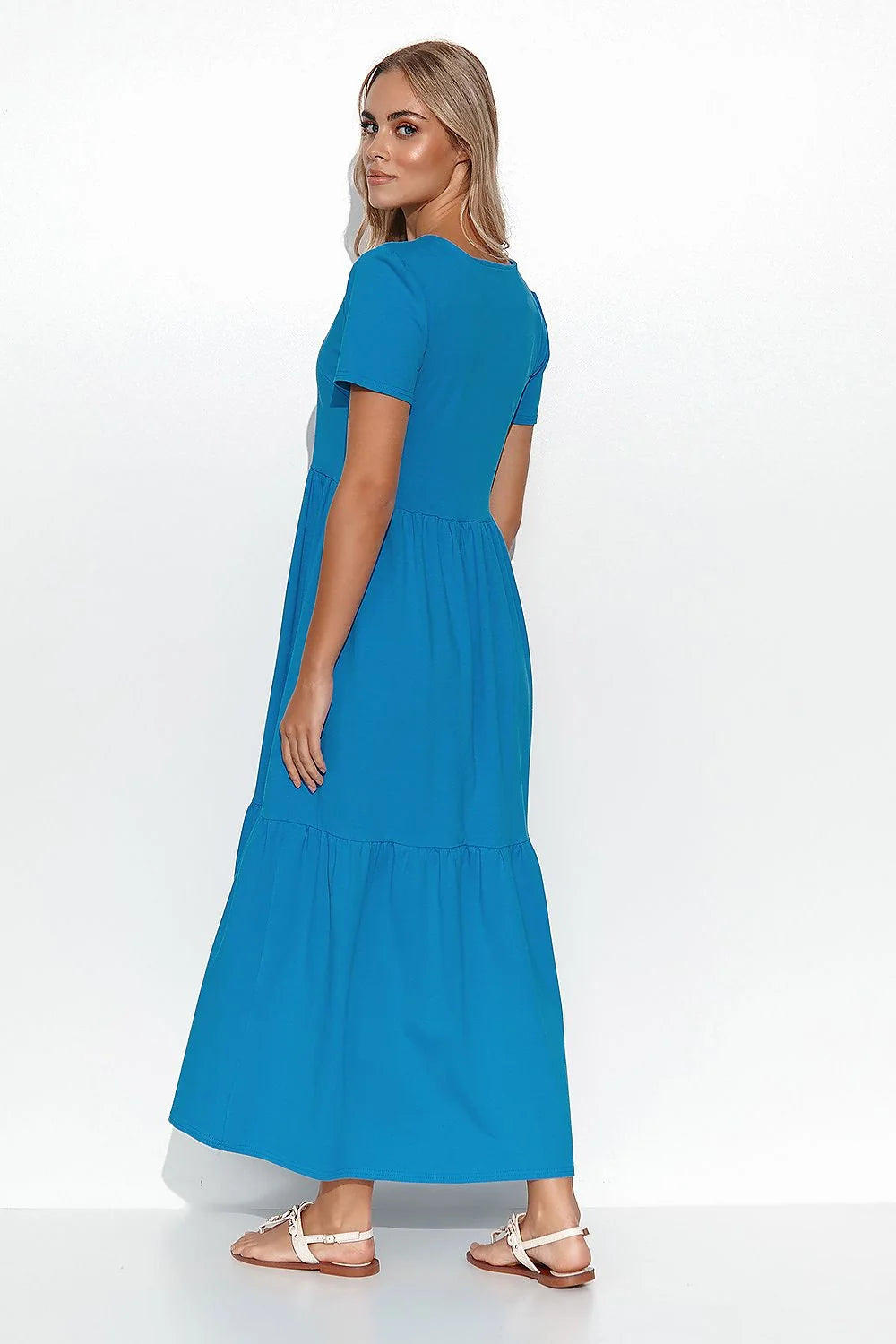 robe Makadamia longue maxi jersey fluide bleu turquoise uni manches courtes encolureV taille empire jupe volants froncés coupe ample confortable