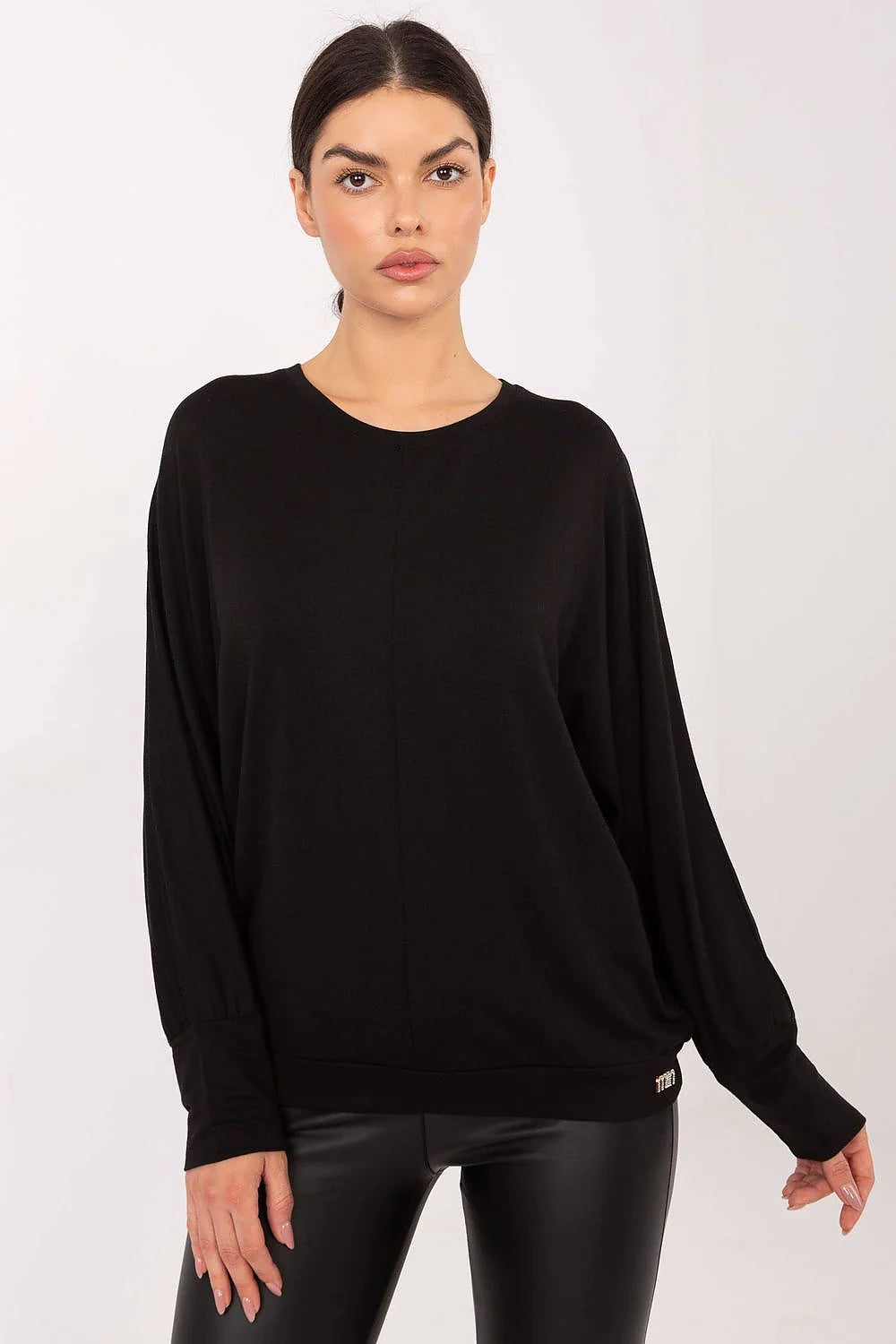 chemisier oversize noir col rond coupe ample manches longues bouffantes tricot fluide bords côtelés minimaliste casualchic micromodal élasthanne confortable