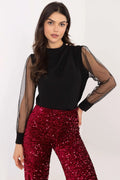Ensemble sophistiqué et audacieux haut noir manches longues transparentes pantalon sequins rouges taille haute femme