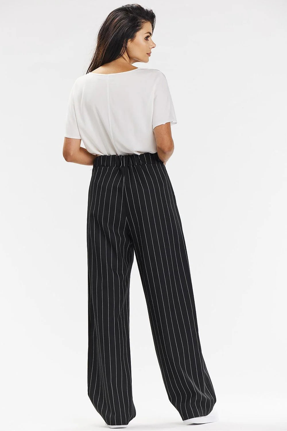 Pantalon femme awama large rayures noires et blanches haut taille élastique viscose occasion bureau quotidien