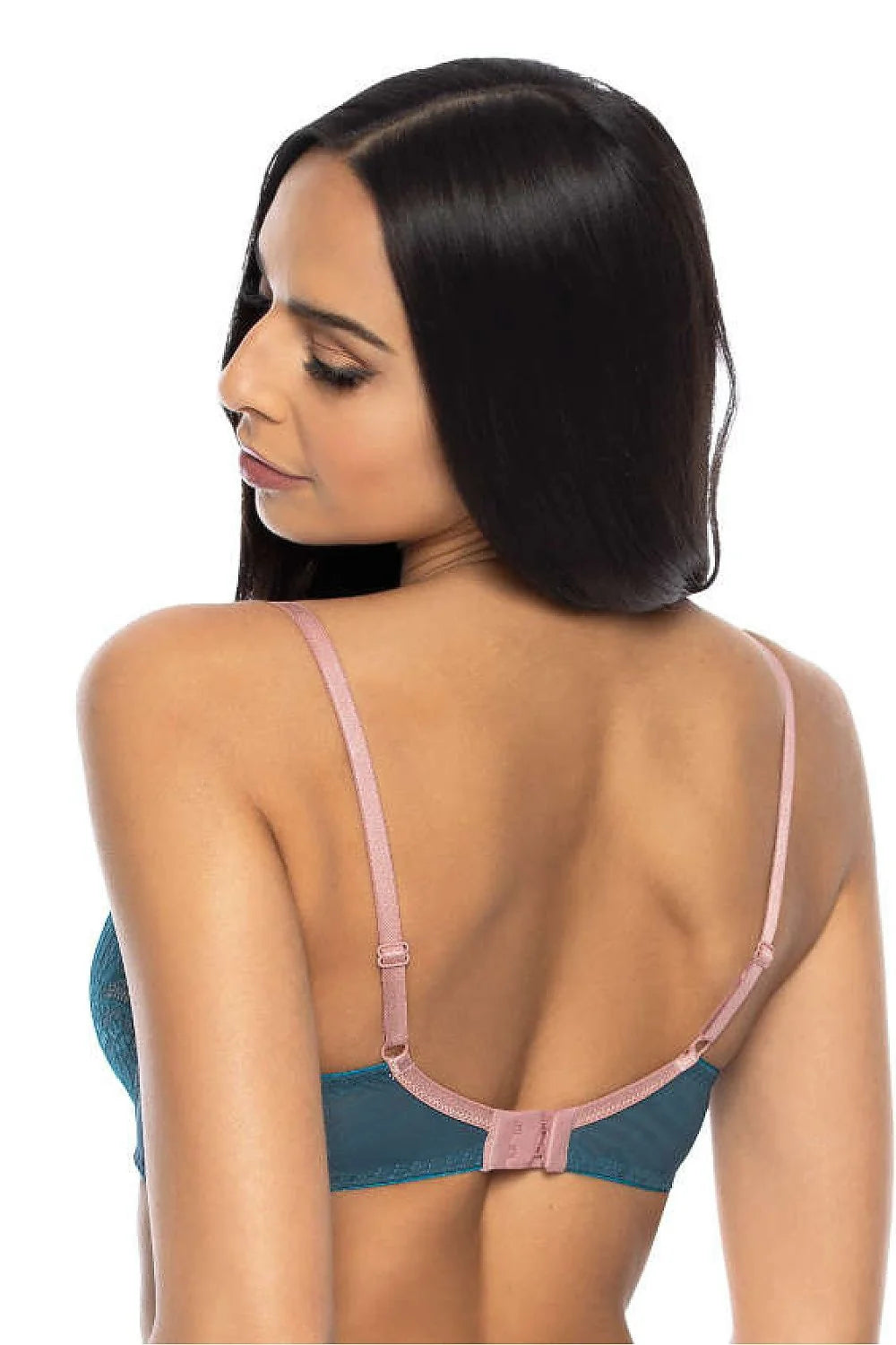 Soutien-gorge féminin en dentelle et tulle design raffiné couleur bleu pétrole et rose pâle coupe balconnet bretelles réglables nœuds décoratifs maintien optimal lingerie luxe