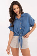 Chemisier féminin décontracté bleu denim tissu léger coton manches courtes boutons en bois nœud ajustable taille femme été