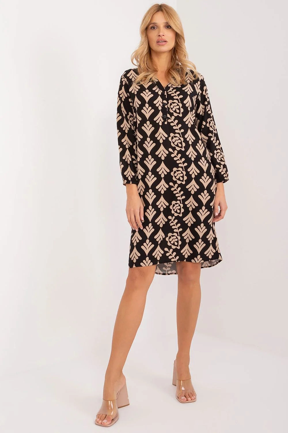 Robe de jour élégante à motifs floraux géométriques en viscose noire et beige pour femme, coupe droite, manches longues, occasion多种