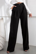 Pantalon long élégant pour femmes coupe ample taille haute ceinture élastique fermeture éclair et bouton matière haute qualité noir