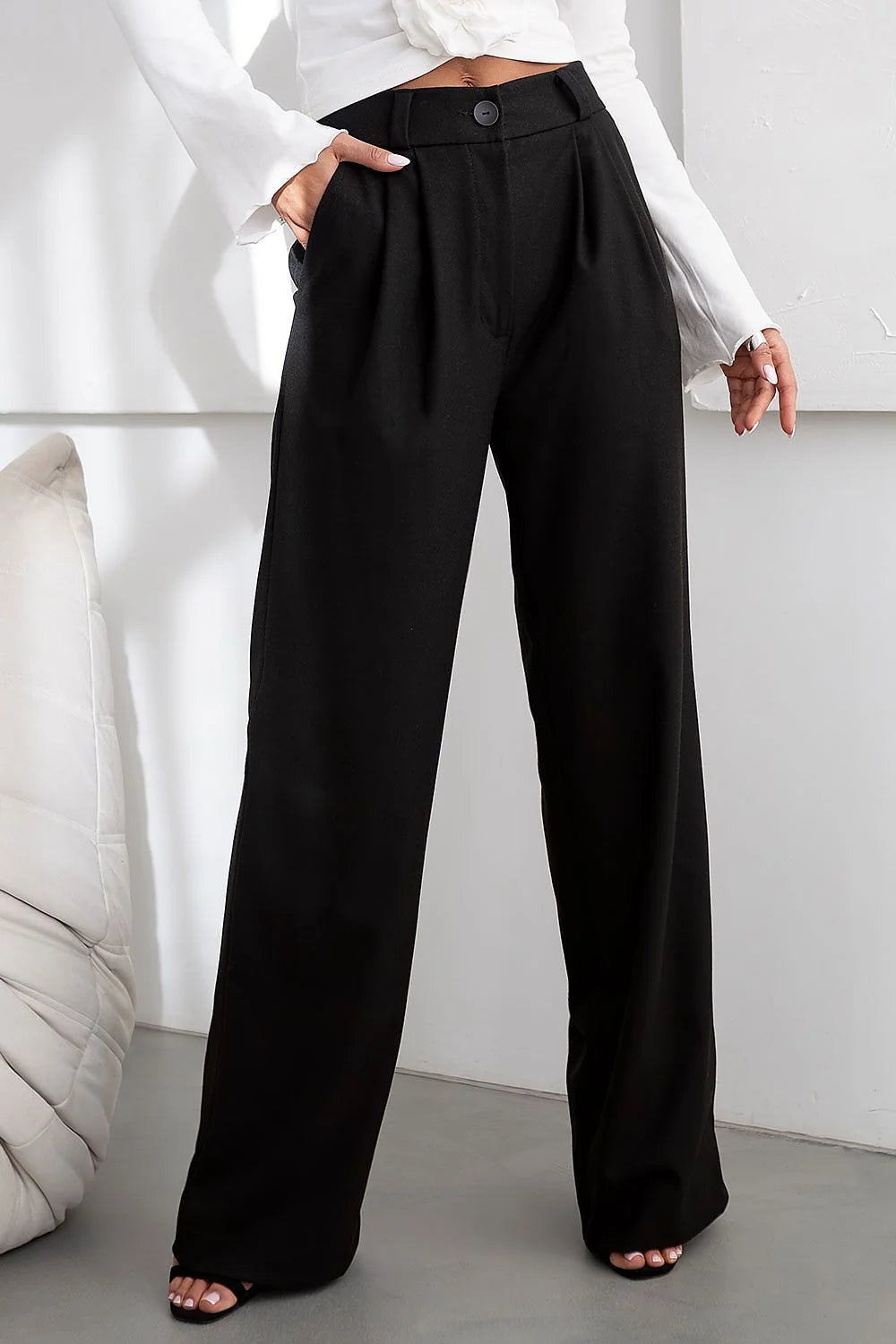 Pantalon long élégant pour femmes coupe ample taille haute ceinture élastique fermeture éclair et bouton matière haute qualité noir