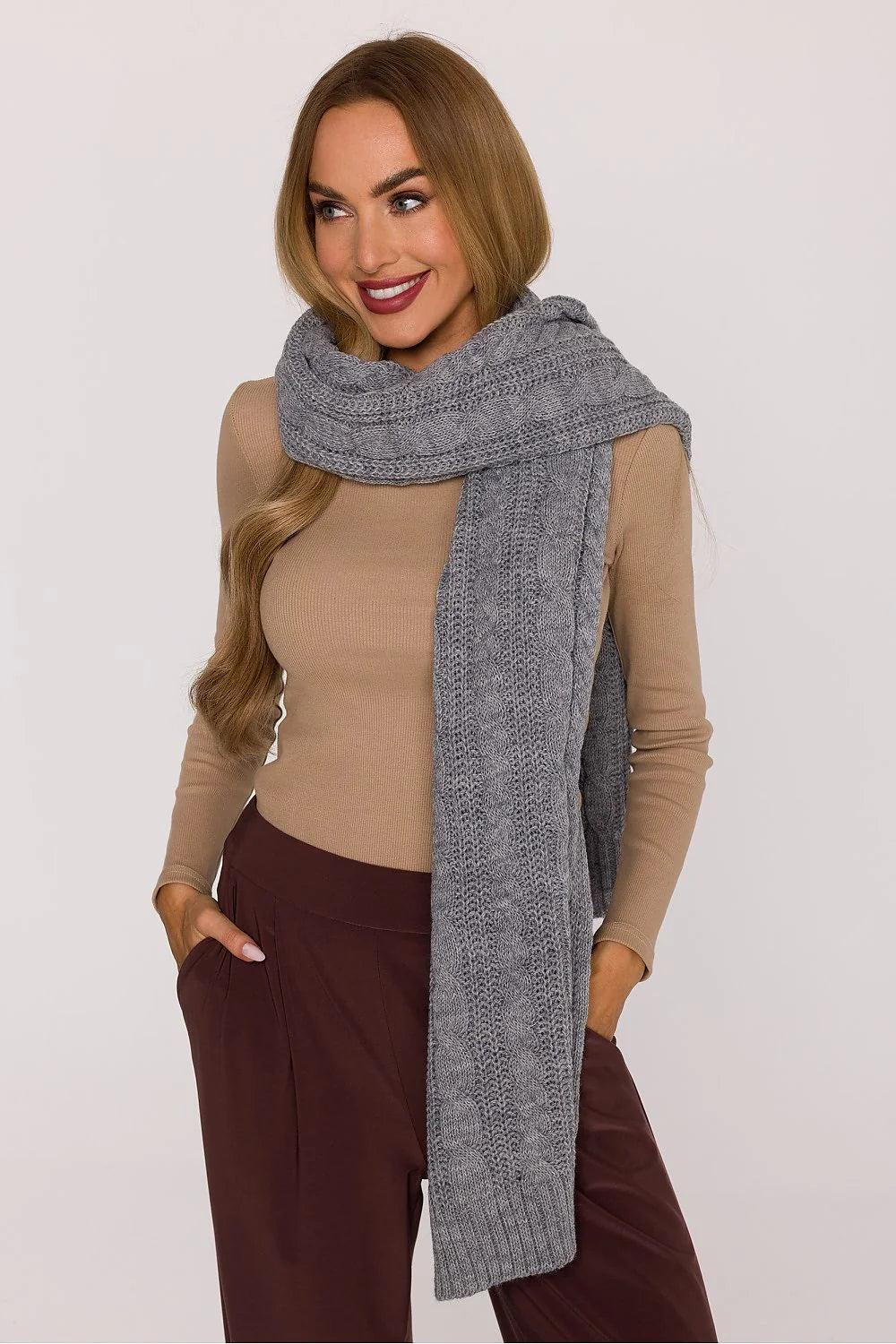 châle long doux épais torsadé grosse maille gris chiné enveloppant chaud large 190cm 40cm acrylique nylon élégant casual chic drapé
