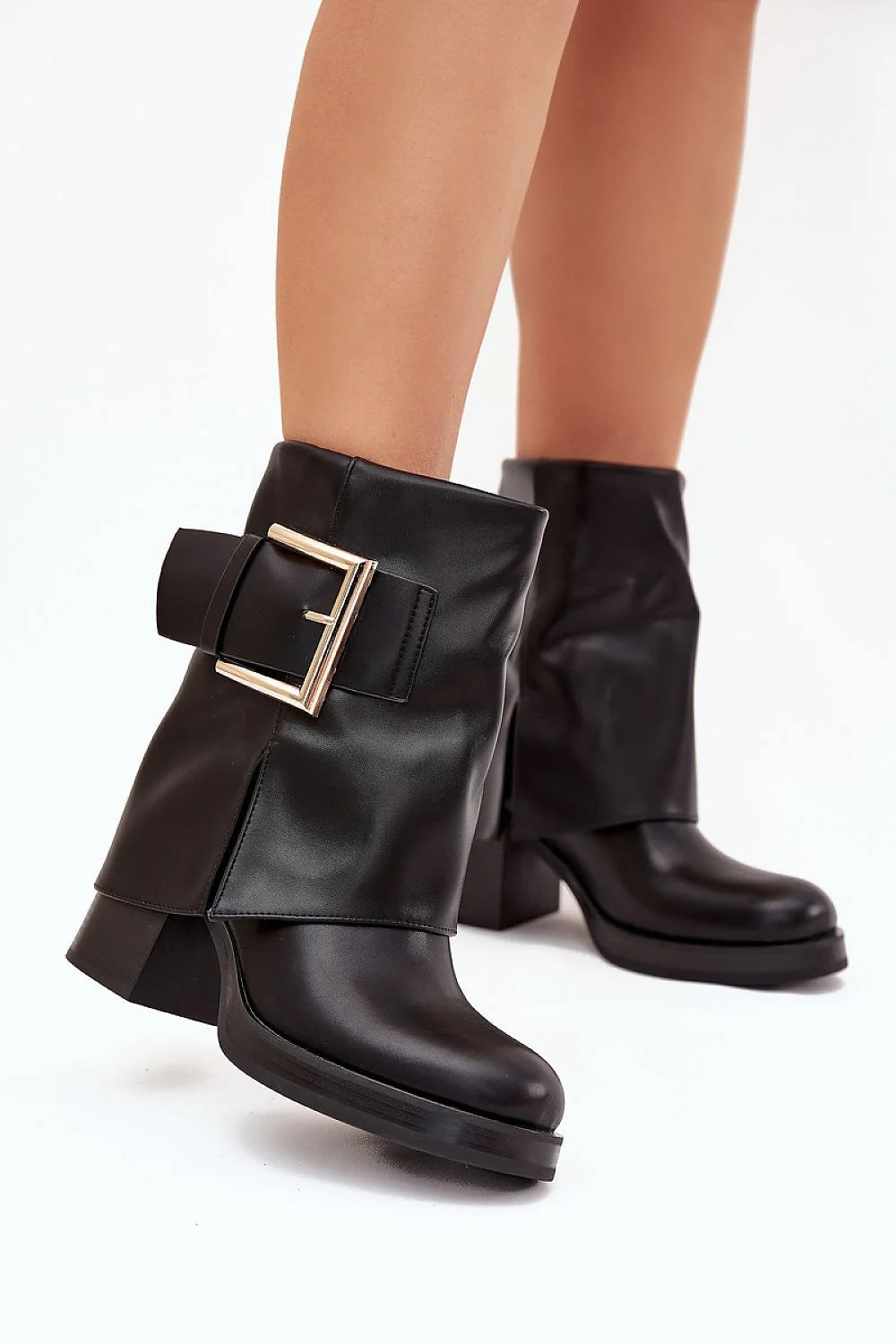 bottines femme cuir écologique noir bout rond doublure fourrure synthétique talon bloc haut plateforme semelle boucle dorée enfiler confort chaleur