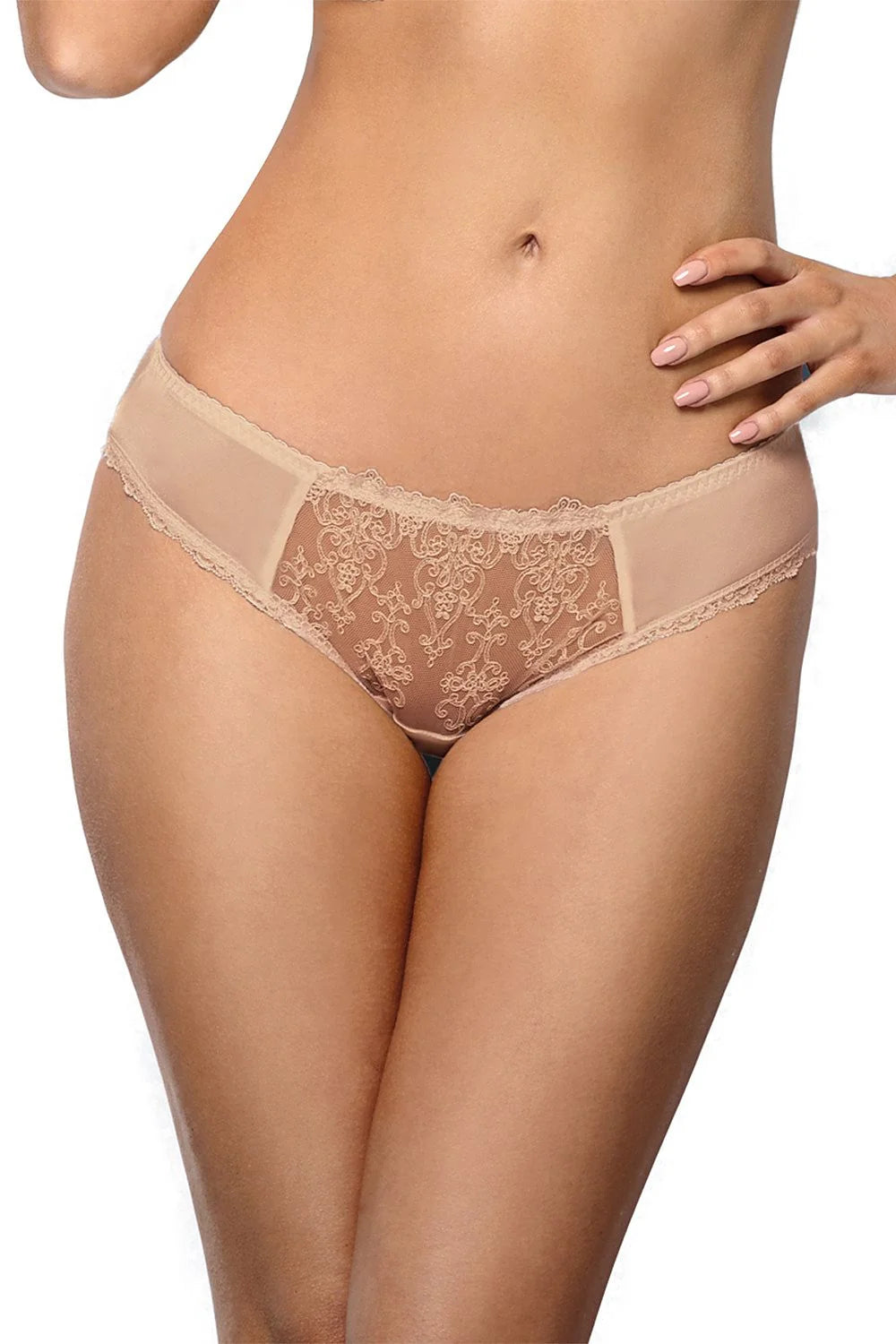 Culotte féminine élégante en tulle et dentelle brodée couleur chair coupe classique taille basse maintien confortable lingerie fine femme