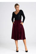 Ensemble mode femme haut manches longues jupe midi évasée bordeaux noir velours jersey taille ajustable occasion semi-formelle