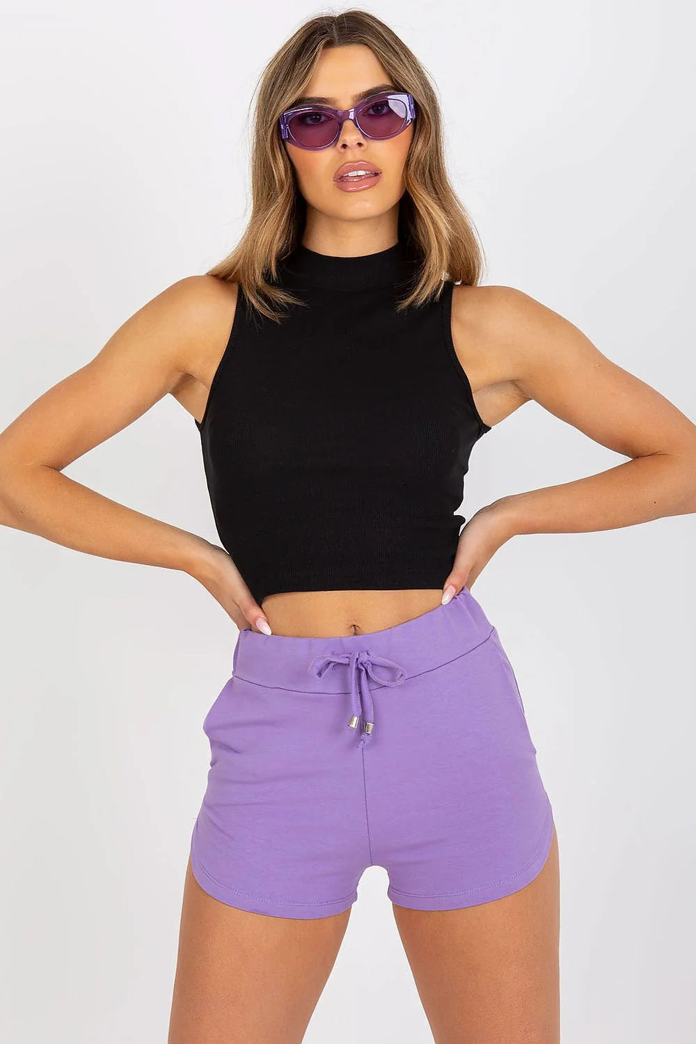 ensemble femme crop top sans manches vert vif côtelé stretch ajusté col montant pantalon taille élastique cordons poches latérales confortable