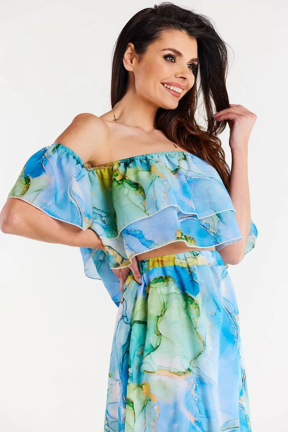 Chemisier Awama moderne été style Bardot volants tissu fluide couleur aquarelle femmes polyester 100% taille élastique