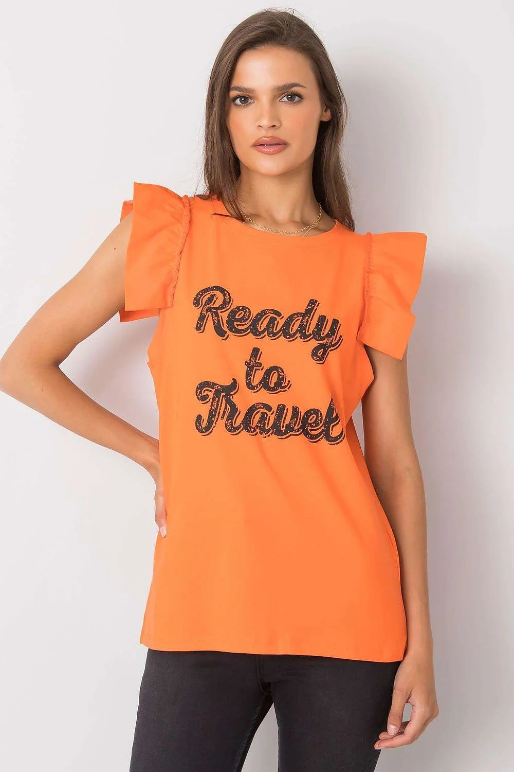 Top mode femme sans manches en coton graphique Ready to Travel ruffle neckline pastel yellow casual chic