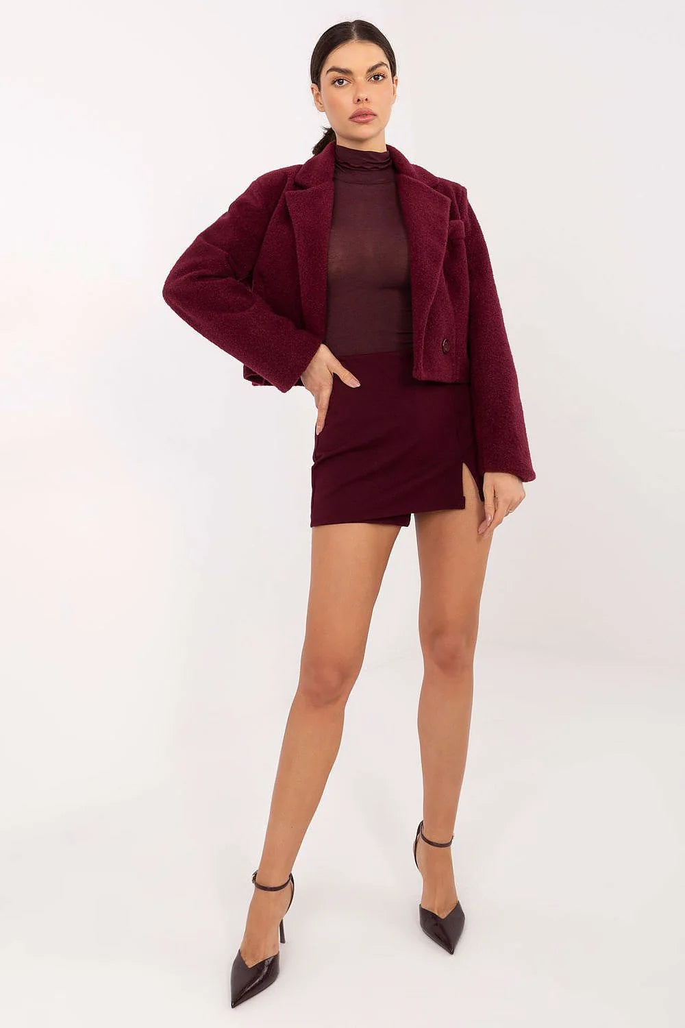 chemisier femme col roulé slim manches longues ajustée maille fine extensible cachemire viscose élasthanne nylon bordeaux semi transparent