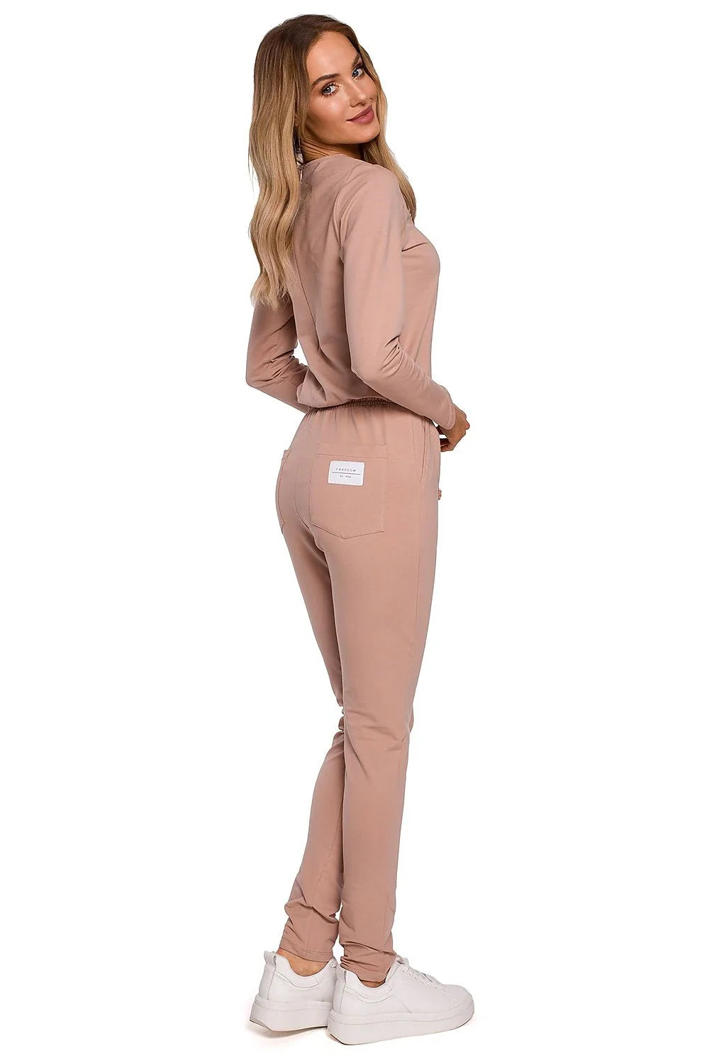 Ensemble de jogging pour femme en coton élasthanne beige rosé deux pièces manches longues taille élastique pantalon fuselé