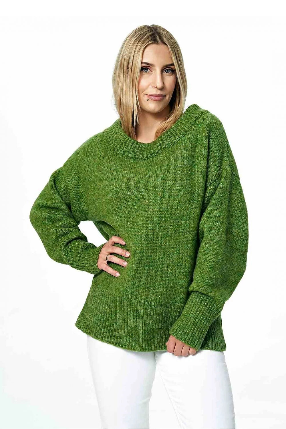 Pull ample pour femme en laine acrylique et polyester, rose pastel, manches longues côtelées, col rond, style classique, doux et confortable
