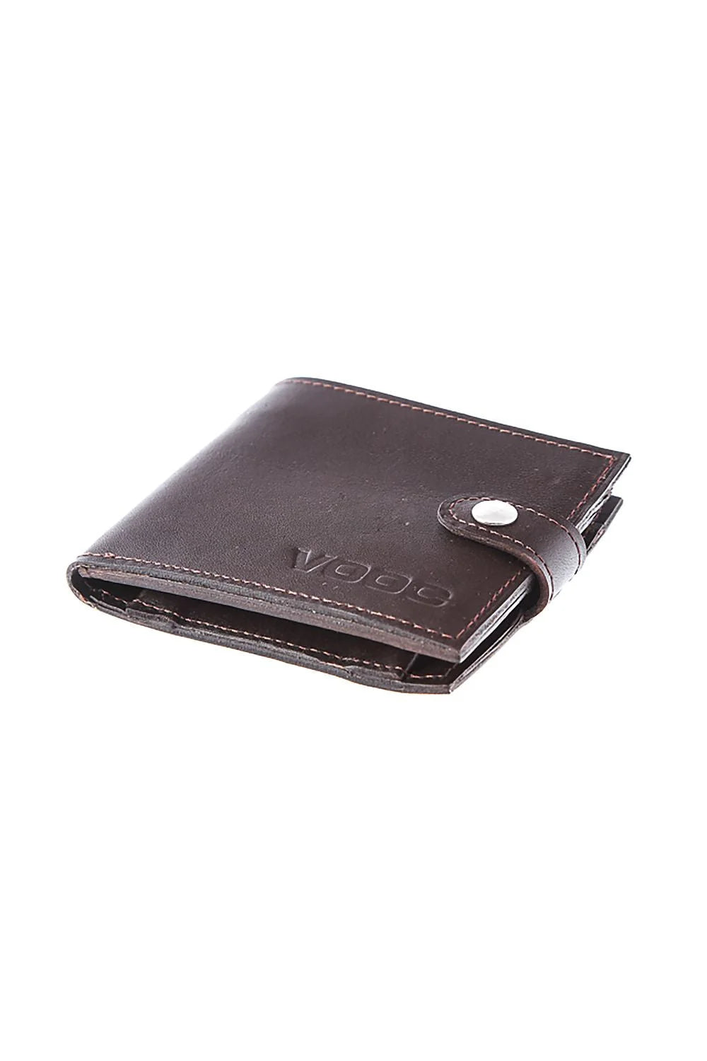 portefeuille vintage cuir naturel rose pâle compact pliable élégant minimaliste fermeture bouton pression métallique argenté coutures apparentes logo embossé slim
