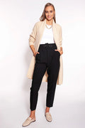 cardigan femme beige clair long col châle gaufrée laine acrylique cocooning manches bouffantes poches plaquées coupe mi cuisse