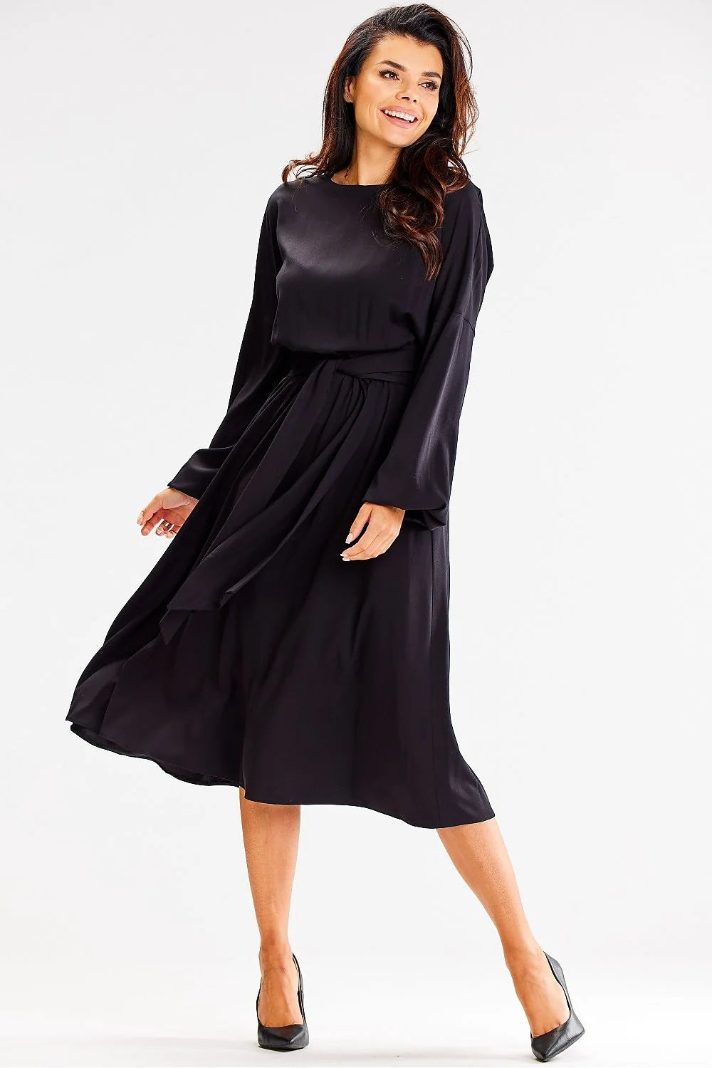 Robe élégante pour femme en viscose noire ample manches longues ceinture intégrée taille ajustable