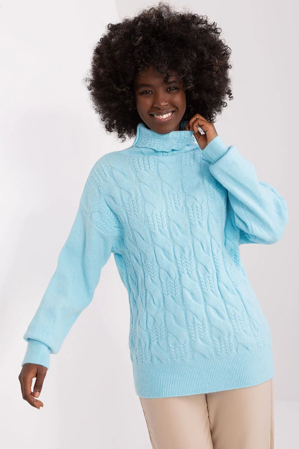 Pull_ovre femme à col roulé en acrylique bleu pastel style décontracté manches longues coupe ample