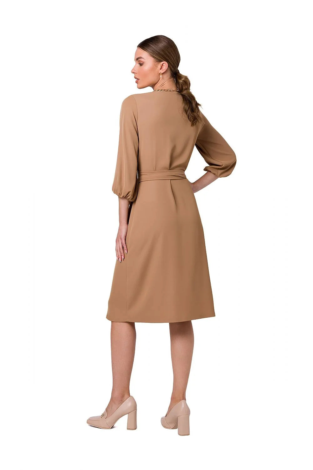 robe portefeuille midi fuchsia décolleté V profond manches troisquarts bouffantes ceinture nouée taille marquée tissu fluide élasthanne polyester élégante polyvalente