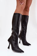 Bottes hautes femme cuir synthétique noir lisse bout pointu talon aiguille 9cm tige genou fermeture zippée latérale silhouette épurée élégante