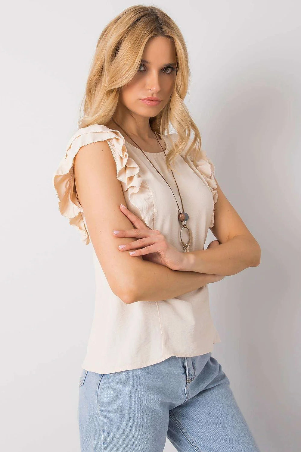 Chemisier Och Bella manches courtes volants encolure ronde dos fendu polyester 100% rose pâle femmes occasionnels