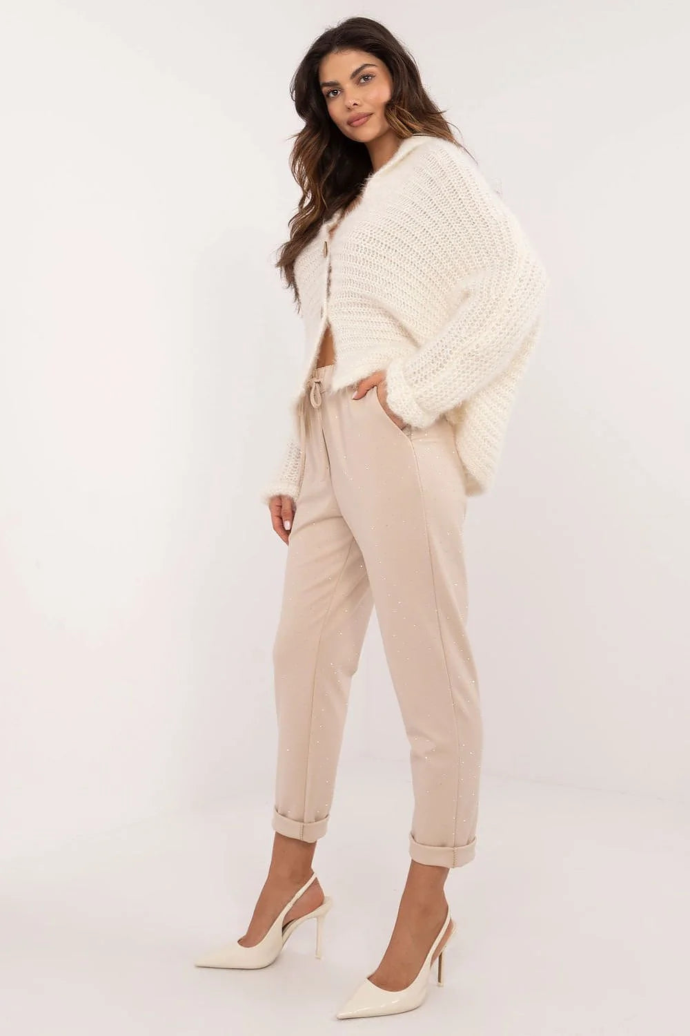 Ensemble féminin Italy Moda cardigan pantalon escarpins talons hauts style chic élégant mode femme