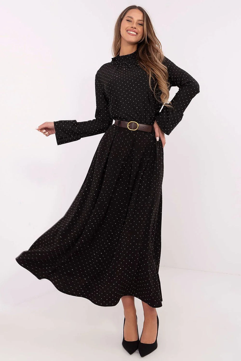 Robe longue élégante pour femme en viscose noire à pois blancs manches longues ceinture dorée slim fit