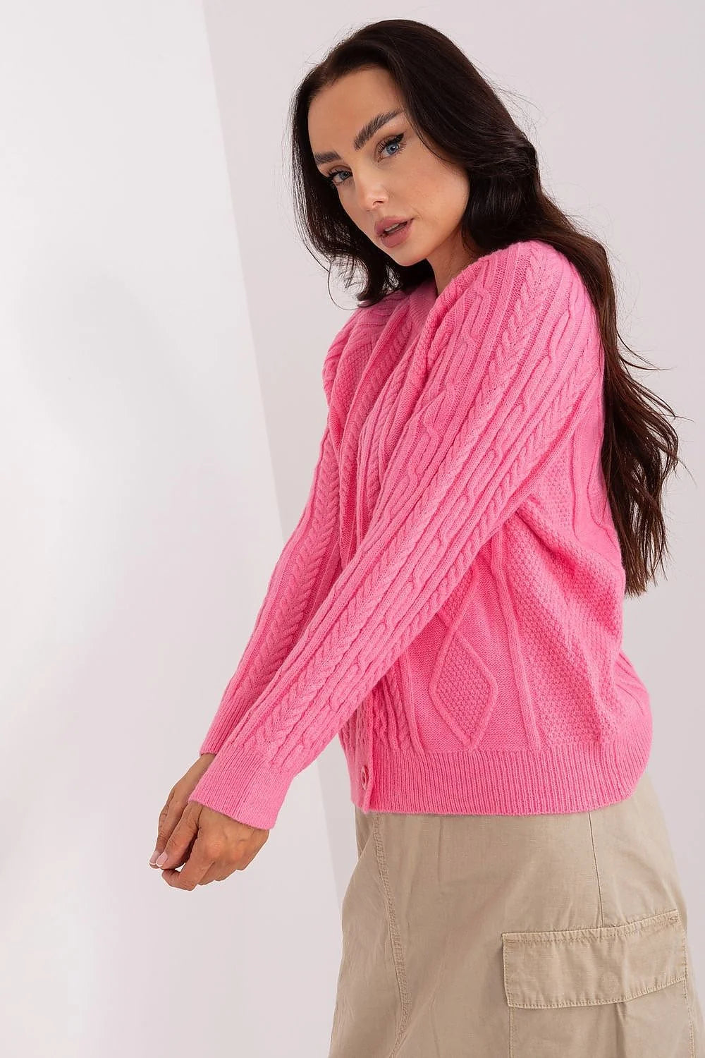 Cardigan pour femme rose vif manches longues torsades maille tricot laine soft casual chic