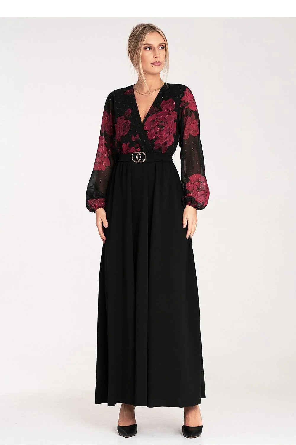 robe longue soirée cocktail noire chiffon plumetis imprimée grandes roses bordeaux cachecoeur manches ballon taille haute ceinture double boucle dorée