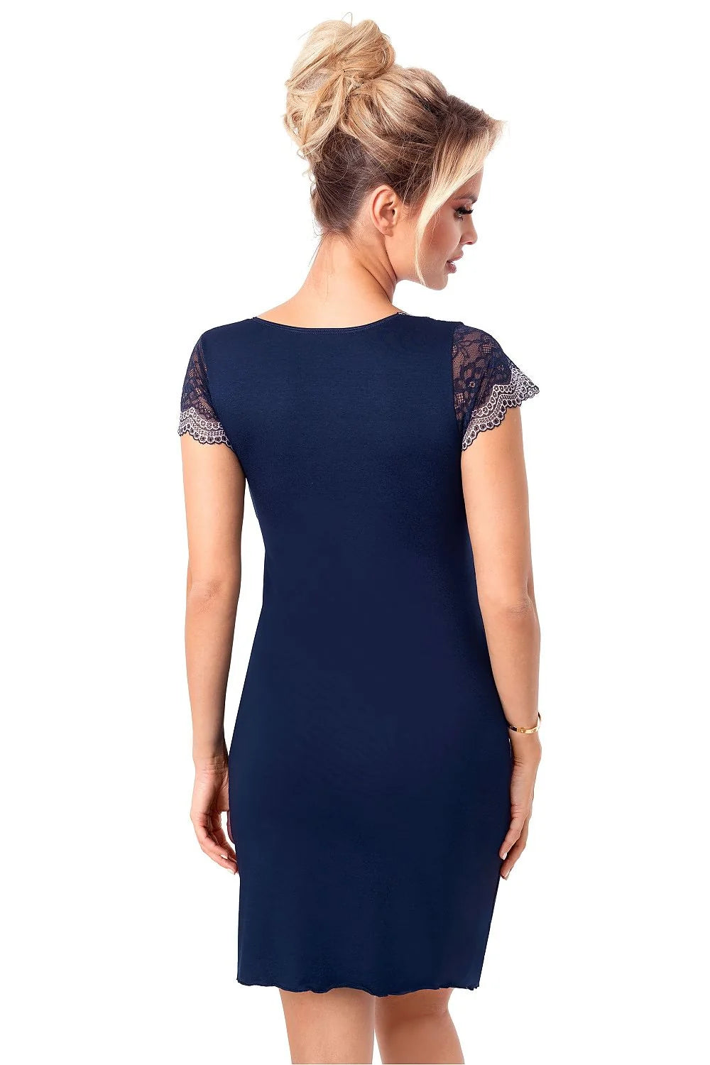 nuisette femme élégante jersey extensible bleu marine dentelle florale contrastante manches courtes encolure V bordure festonnée taille empire mi cuisse