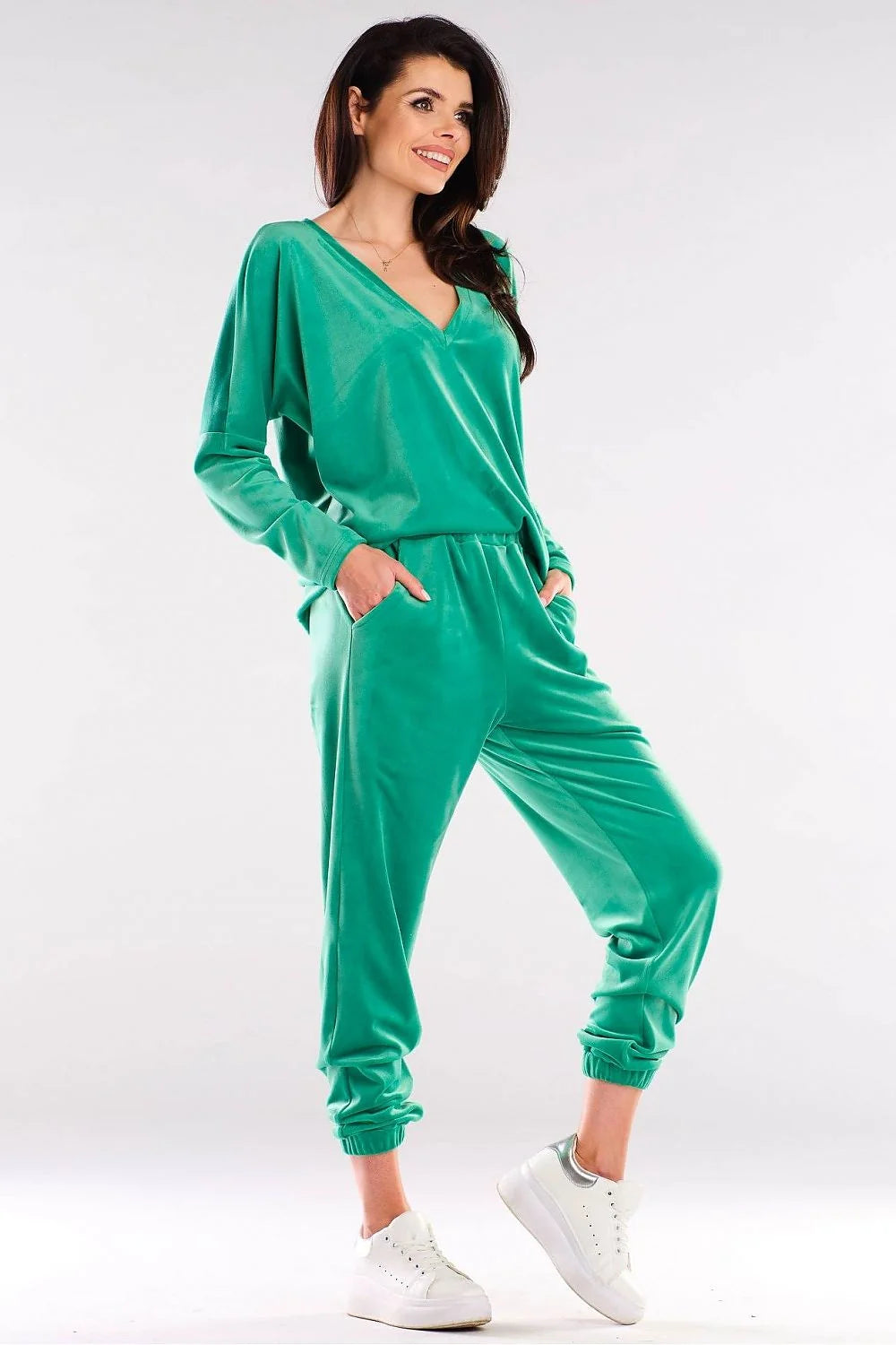 Sweatshirt femme en velours rose vif col V confortable manches longues style décontracté moderne