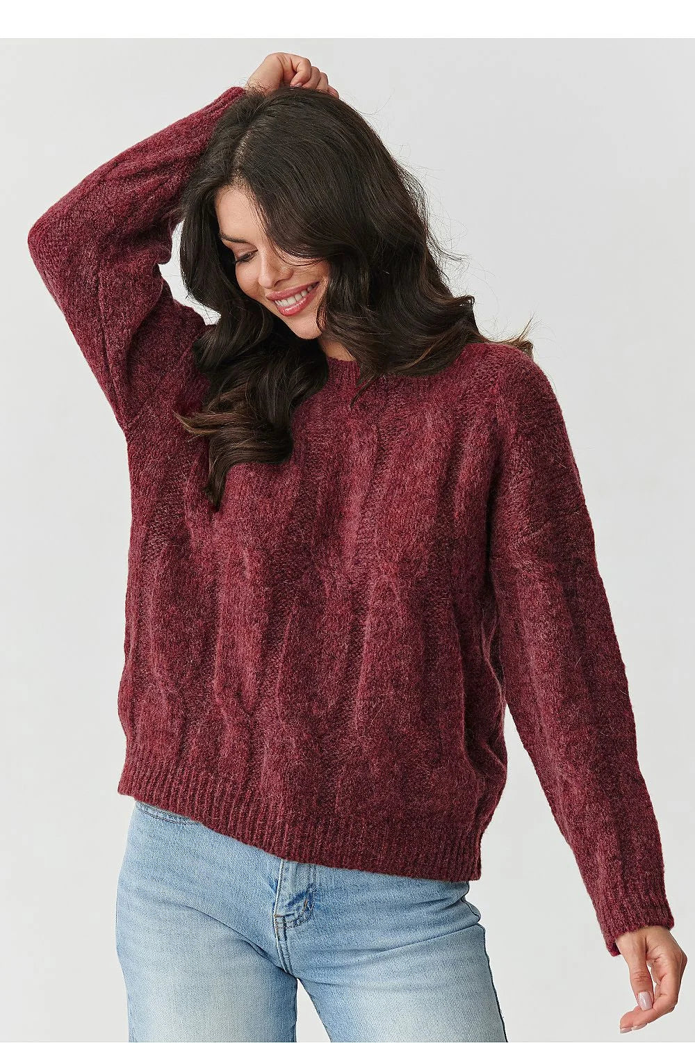 pull femme oversize maille duveteuse bordeaux col rond manches longues épaules tombantes torsades bordcote confortable chaud mohair laine acrylique