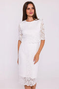 Robe soirée dentelle blanche manches mi longues ajustée fente dos col rond doublure opaque festonnées floral élégant