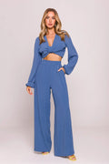 Ensemble femme élégant haut court manches longues pantalon large taille haute élastique couleur bleu terreux moderne