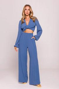 Ensemble femme élégant haut court manches longues pantalon large taille haute élastique couleur bleu terreux moderne