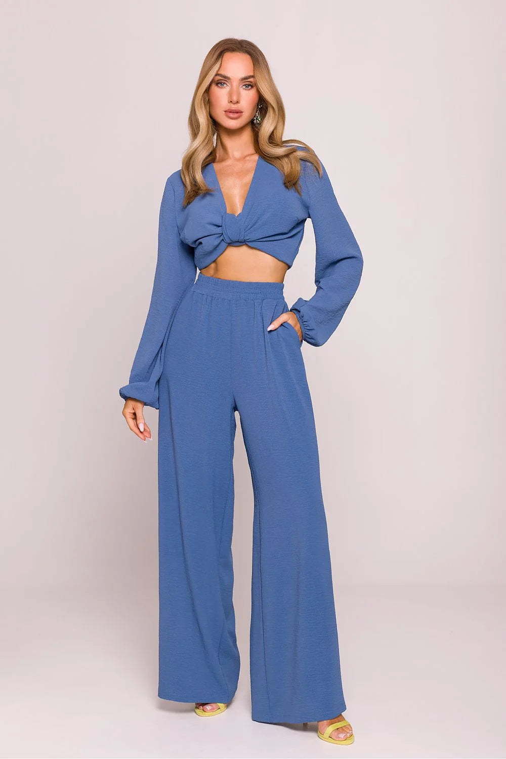 Ensemble femme élégant haut court manches longues pantalon large taille haute élastique couleur bleu terreux moderne