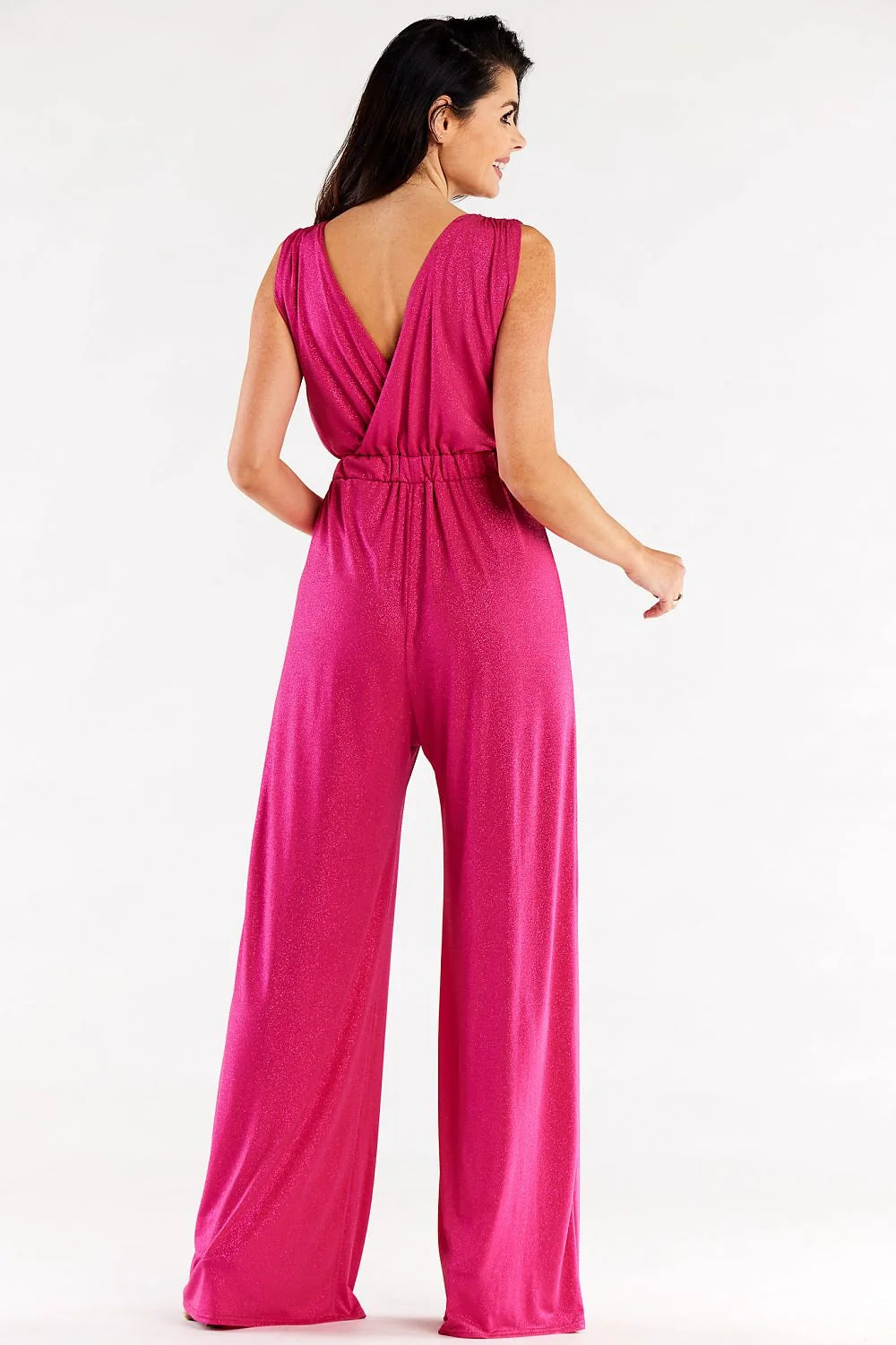 Combinaison pour femme robe longue sans manches en V couleur rose vif tissu fluide élastique Pologne