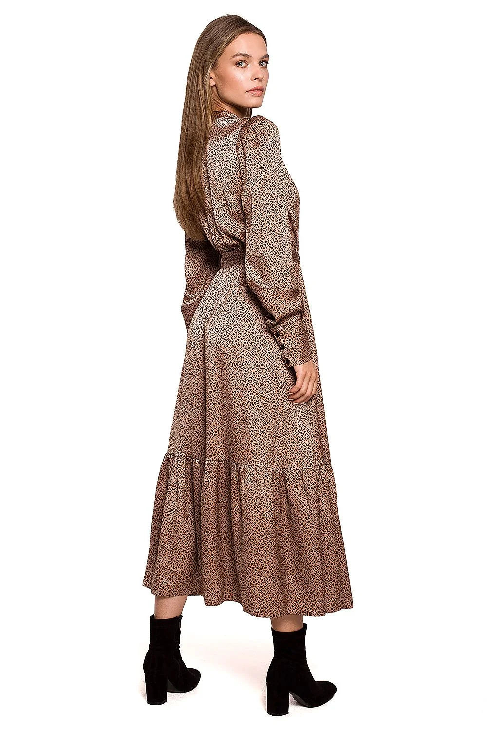 Robe longue polyester chic élégante imprimé léopard automne col haut manches longues ceinture intégrée